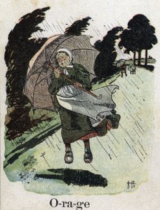 Książka dla dzieci „”Przeczytam – Alfabet metodyczny i zabawny taty””” 1926. Ilustracja Roberta Sallesa (1871-1929). „Burza””: kobieta w deszczu schroni się z parasolem. autorstwa Robert Salles