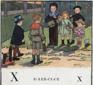 Książka dla dzieci „”Przeczytam – Alfabet metodyczny i zabawny taty””” 1926. Ilustracja Roberta Sallesa (1871-1929). Abecedary: litera X jako Ćwiczenie. Dzieci bawią się w wojsko.