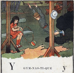 Książka dla dzieci „”Przeczytam – Alfabet metodyczny i zabawny taty””” 1926. Ilustracja Roberta Sallesa (1871-1929). Abecedary: litera Y jak Gimnastyka. Chłopiec gra na trapezie, a dziewczynka bawi się lalką. autorstwa Robert Salles