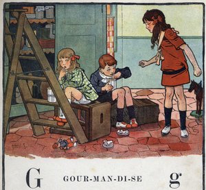Książka dla dzieci „”Przeczytam – Alfabet metodyczny i zabawny taty””” 1926. Ilustracja Roberta Sallesa (1871-1929). Abecedary: litera G jako Gourmandise. Dziewczyna i chłopcy w tajemnicy jedzą kandyzowane owoce. autorstwa Robert Salles