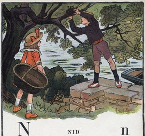 Książka dla dzieci „”Przeczytam – Alfabet metodyczny i zabawny taty””” 1926. Ilustracja Roberta Sallesa (1871-1929). Abecedary: litera N jako Nest. Chłopiec bierze gniazdo zbudowane na drzewie. autorstwa Robert Salles