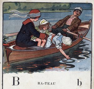 Książka dla dzieci „”Przeczytam – Alfabet metodyczny i zabawny taty””” 1926. Ilustracja Roberta Sallesa (1871-1929). Abecedaire: litera B jako łódź. Rodzina na łodzi idzie na spacer. autorstwa Robert Salles