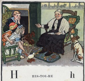Książka dla dzieci „”Przeczytam – Alfabet metodyczny i zabawny taty””” 1926. Ilustracja Roberta Sallesa (1871-1929). Abecedaire: litera H jako historia. Babcia przy kominku opowiada wnukom historie.