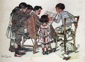Książka dla dzieci „”Przeczytam – Alfabet metodyczny i zabawny taty””” 1926. Ilustracja Roberta Sallesa (1871-1929). Ojciec rodziny uczy dzieci czytać. autorstwa Robert Salles