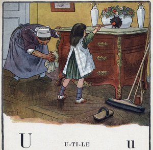 Książka dla dzieci „”Przeczytam – Alfabet metodyczny i zabawny taty””” 1926. Ilustracja Roberta Sallesa (1871-1929). Abecedary: litera U jako Przydatne. Dziewczyna pomaga w sprzątaniu i kurzu.