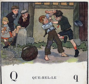 Książka dla dzieci „”Przeczytam – Alfabet metodyczny i zabawny taty””” 1926. Ilustracja Roberta Sallesa (1871-1929). Abecedaire: litera Q jak Querelle. Na podwórku kłócą się dwaj chłopcy.