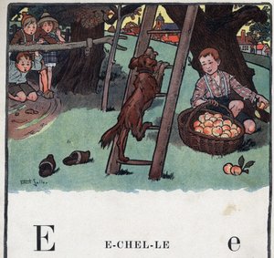 Książka dla dzieci „”Przeczytam – Alfabet metodyczny i zabawny taty””” 1926. Ilustracja Roberta Sallesa (1871-1929). Abecedary: litera E jako Skala. Pies wspina się po drabinie na tle jabłoni. autorstwa Robert Salles