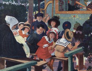 Przedstawienie kukiełkowe: Dzieci w teatrze guignol są obłąkane przez płaczące dziecko. Ilustracja Roberta Sallesa (1871-1929) w „Je sais Lire”.
