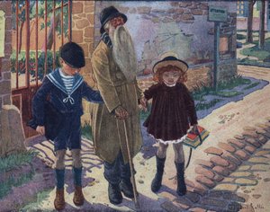 Kij niewidomych: dwoje dzieci pomaga niewidomemu staruszkowi chodzić. Ilustracja Roberta Sallesa (1871-1929) w „Je sais Lire”.