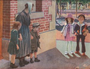 Dwoje zamożnych dzieci spotyka biedną matkę i jej dzieci żebrzące na ulicy (kolorowa litografia) autorstwa Robert Salles