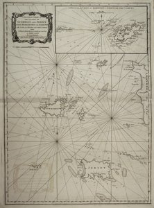 Ogólna mapa wysp Guernsey i Jersey, Sark, Herm, Jethou i Alderney, z Przylądkiem la Hague i Kasetami autorstwa Robert Sayer