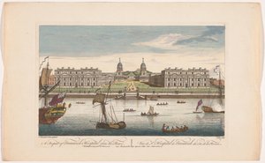 Widok szpitala Greenwich nad Tamizą w Greenwich Perspektywa szpitala Greenwich od strony rzeki (tytuł na obiekcie) Londyn (tytuł serii) autorstwa Robert Sayer