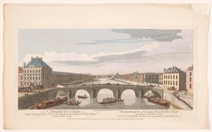 Widok na Pont Royal nad Sekwaną w Paryżu, w kierunku Pont Neuf Szczególny widok Paryża obejmujący Luwr, część Thuilleries, itd. zabrany z Pont Royal w kierunku Pont Neuf (tytuł na obiekcie) Paryż (tytuł serii) autorstwa Robert Sayer