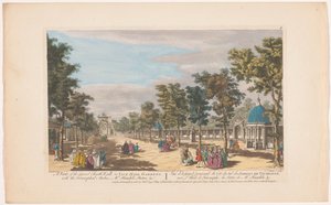 Widok na aleję z łukiem triumfalnym w Vauxhall Gardens w Londynie Widok na wielki południowy spacer w Vauxhall Gardens. Z łukami triumfalnymi, panie Posąg Haendla itd. (tytuł na obiekcie) Ranelagh Gardens i Vauxhall Gardens (tytuł serii)