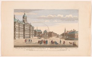 Widok ratusza w Amsterdamie ze strażakami na placu Dam Widok na Stad House i maszyny do gaszenia pożaru w Amsterdamie (tytuł na obiekcie) Holandia (tytuł serii) autorstwa Robert Sayer