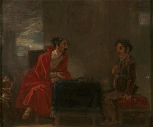 Ilustracja do Don Kichota, Dwie postacie przy stole autorstwa Robert Smirke