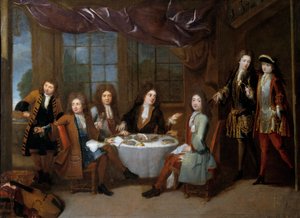 Śniadanie z szynką. Mężczyźni szlachty na wędlinowej kolacji. Obraz Roberta Levraca Tournieresa (1667-1752)