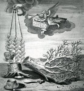 Druk emblematyczny nawiązujący do egzekucji Karola I i sukcesji Stuartów, 1715 r.