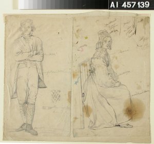 Mężczyzna z rękami w górze i kobieta w stroju narodowym autorstwa Robert Wilhelm Ekman