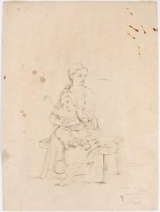 Młoda kobieta siedząca na ławce z małym dzieckiem w ramionach autorstwa Robert Wilhelm Ekman