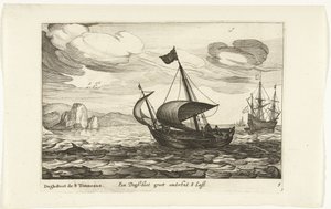 Dogger z psiego buta Een Dogh-boot groot about 8 Last / Dogh-Boot de 8 Tonneaux (tytuł na obiekcie) Hollandse scheepstypen, 1627 (tytuł serii) Różne statki Don ton se sert dans les Unies Prowincje / Ikony różnych holenderskich statków, których użycie jest 