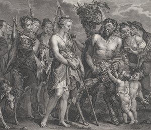 Diana wracająca z pościgu, w towarzystwie psów i jej nimf po lewej stronie, dwóch satyrów..., ca. 1808 autorstwa Robert de Launay