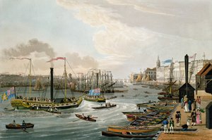 Widok na London Bridge i Custom House, z Margate Steam Yachts, wyd. 1820 przez Colnaghi und Co. (kolorowa akwatinta)