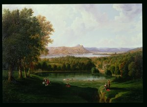 Widok z Tarrytown na stary holenderski kościół nad rzeką Hudson i Beckham Manor, 1866