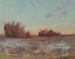Granaries By The Slough, 2023 (olej na płycie lnianej) autorstwa Roberta Murray