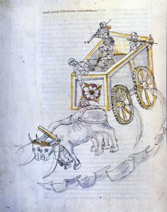 Sztuka wojny: nauka maszyn wojskowych. czołg wyposażony w kosy, ilustracja z „De re Militari” inżyniera Roberto Valturio (1405-1483?)