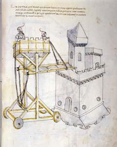 Sztuka wojny: nauka maszyn wojskowych. wieża szturmowa służąca do oblężniczych wież, ilustracja z „De re Militari” inżyniera Roberto Valturio (1405-1483?)