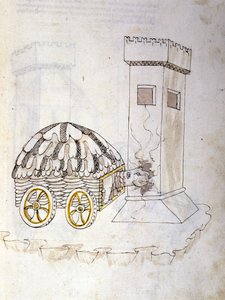 Sztuka wojny: nauka maszyn wojskowych. uzbrojona w karapaks maszyna szturmująca wieżę, ilustracja z „De re Militari” inżyniera Roberto Valturio (1405-1483?)