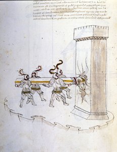 Sztuka wojny: nauka maszyn wojskowych. użycie tarana do oblężenia wieży, ilustracja z „De re Militari” inżyniera Roberto Valturio (1405-1483?)
