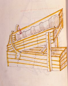 Sztuka wojny: nauka o maszynach wojskowych. Canon pozuje na swoim zegarku z systemem do jego podnoszenia, ilustracja z „De re Militari” inżyniera Roberto Valturio (1405-1483?)
