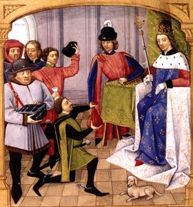 Francuski krewny Filip V (1293-1322) otrzymujący podatek, iluminacja Robineta Testarda z „Grandes Chroniques de France” 1471
