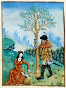 Rekultywacja balsamu. Mężczyzna zbiera żywicę, czyli seve, spływającą z drzewa (Flora: balsamier), używaną w medycynie, a kobieta wkłada ją do beczki. Miniatura w „Księdze prostych lekarzy” (Folio 187v) v.1520-1530. Enlumine od Testard Tap