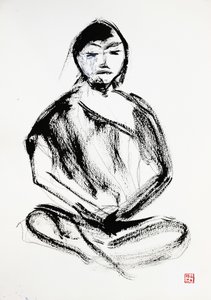 Rysunek tuszem przedstawiający medytującego w stylu zen autorstwa RodMacIver