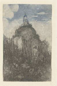 Budynek na skale i odpoczywający pasterze z owcami u podnóża skały Le Phare Chapelle alpestre autorstwa Rodolphe Bresdin