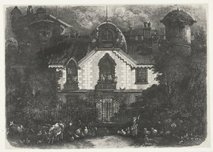 Dom z wieżą za ogrodzeniem i pasterzem z bydłem La maison enchantee autorstwa Rodolphe Bresdin