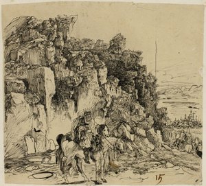 Górzysty krajobraz z jeźdźcami autorstwa Rodolphe Bresdin