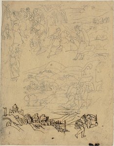 Szkice scen biblijnych, miasto nad jeziorem, górska wioska, wojownik autorstwa Rodolphe Bresdin