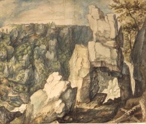 Pejzaż górski (długopis i brązowy tusz, akwarela) autorstwa Roelandt Jacobsz. Savery