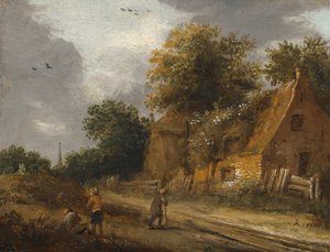 Trzy postacie przechodzące drogą przed chatą autorstwa Roelof Jansz van Vries