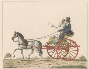 Holenderski sjees, ca. 1825 Een Hollandsche chais / Wózek inwalidzki używany w Holandii i znany jako chais lub chees (tytuł na obiekcie)