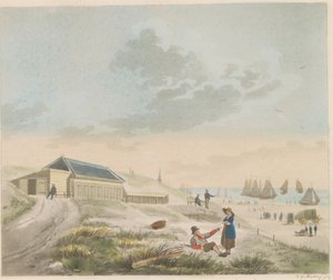 Plaża w Scheveningen, ok. 1825 Widok na plażę i wydmy w Scheveningen i Prezentacja łaźni pana Pronka / Vue du rivage et des dunes a Scheveninge etpresentation des Bains appartement à mons.r Pronk (tytuł na obiekcie)