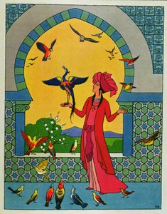 Księżniczka konsultująca się z ptakiem Bulbulhezarem, ilustracja do "Dwóch zazdrosnych sióstr" z "Nocy arabskich