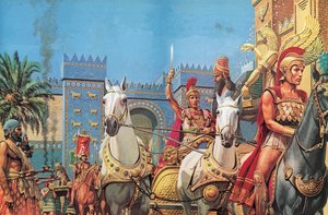 Aleksander Wielki, niesiony na rydwanie, wjeżdżający w triumfie do Babilonu (kolorowa litografia)