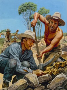 Poszukiwacze złota (gwasz na papierze) autorstwa Roger Payne