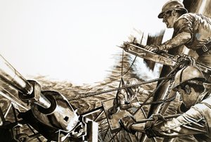 Nafciarze na platformie na Morzu Północnym (gwasz na papierze) autorstwa Roger Payne