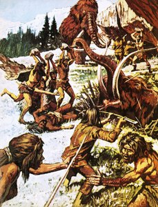 Prehistoryczni ludzie atakujący mamuty autorstwa Roger Payne